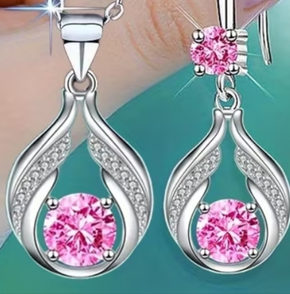 3pcs. Teardrop Necklace and Earrings with Pink Crystal Accents - Picture 2 of 5